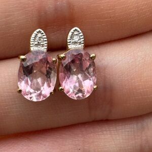 Solid 10k yellow gold genuine diamond/pink sapphire earrings